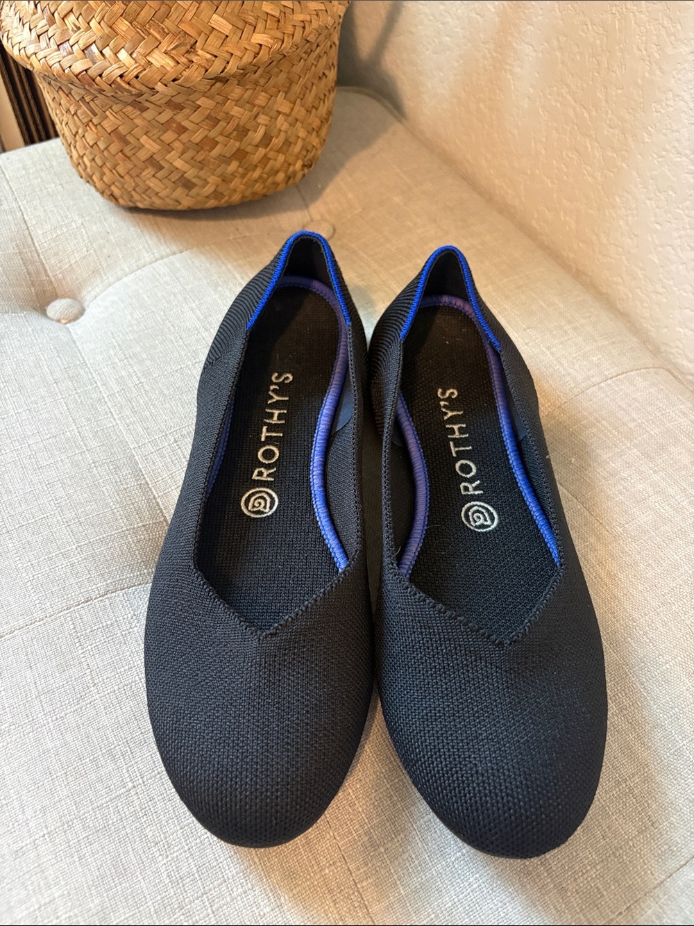 Rothy's Black Ballet Flats with Blue Trim 8.5